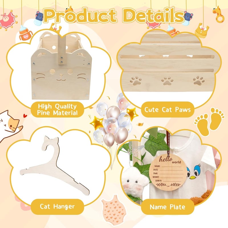 FVNPIHAM Wooden Baby Shower Crate Closet, Cute Cat Baby Shower Closet Basket with Handle, Gender Reveal Storage Box for Pregnancy New Parent, Personalized Baby Gifts Basket - Image 4